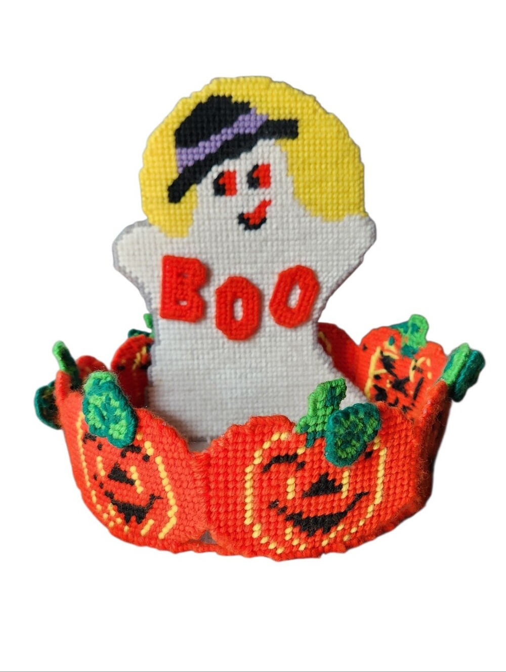 Vintage 90s Halloween Bucilla Needlepoint Yarn Boo Basket